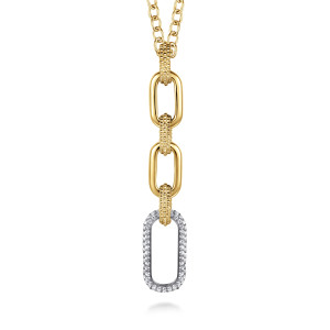 Gabriel & Co. NK7718-20Y45JJ 14 karat yellow gold Bujukan necklace, front view of the polished open links, bead covered connectors and the pave link