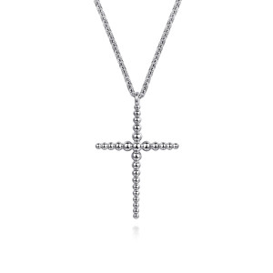 Gabriel & Co. NK7724SVJJJ sterling silver Bujukan necklace, front view of the cross with beads swelling toward its crossing and a plain loop bail
