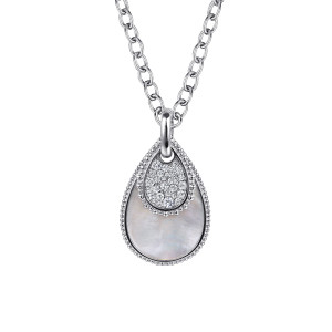 Gabriel & Co. NK7727-20SVJMC sterling silver Bujukan necklace, front view of the stone panel over the iridescent inlay, with beaded rims and a bail