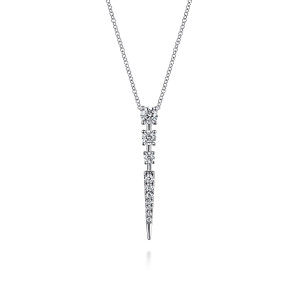 Gabriel & Co. NK7729W45JJ 14 karat white gold Kaslique necklace, front view of three prong set stones stepping down a thin rod to a tapering spike