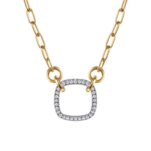 Gabriel & Co. NK7732M45JJ 14 karat white and yellow gold Contemporary necklace, front view of the open diamond frame joined by small loops to two round rings