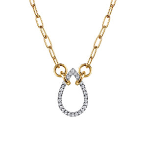 Gabriel & Co. NK7733M45JJ 14 karat white and yellow gold Contemporary necklace, front view of the open teardrop outline, its pointed pave top and the round rings