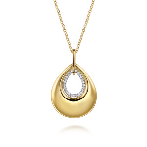 Gabriel & Co. NK7734Y45JJ 14 karat yellow gold Contemporary necklace, front view of the polished teardrop plate, the diamond edged opening and the rectangular bail