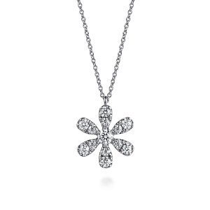 Gabriel & Co. NK7736W45JJ 14 karat white gold Lusso necklace, front view of the flower with diamond set teardrop petals and a small top loop