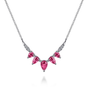 Gabriel & Co. NK7739W45RA 14 karat white gold Color necklace, front view of the V shaped row of pear stones with diamond strips at each end