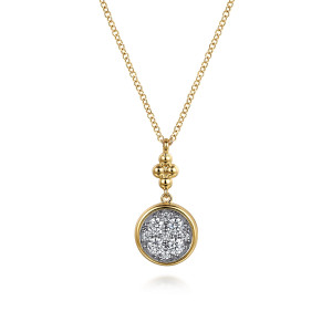 Gabriel & Co. NK7743M45JJ 14 karat white and yellow gold Bujukan necklace, front view of the diamond disc and the bead cluster spacer above it
