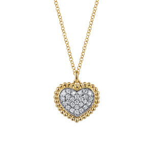 Gabriel & Co. NK7751Y45JJ 14 karat yellow gold Bujukan necklace, front view of the heart pendant with its pave diamond field and beaded rim
