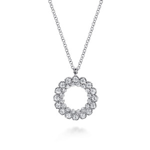 Gabriel & Co. NK7763W45JJ 14 karat white gold Lusso necklace, front view of an open circle with larger outer diamonds and smaller inner ones