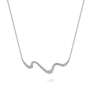 Gabriel & Co. NK7765W45JJ 14 karat white gold Lusso necklace, front view of the wave shaped bar, its stone line and the narrow ends meeting the chain