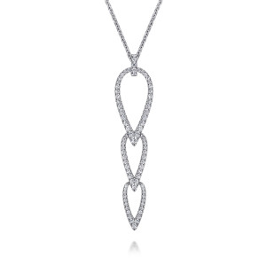 Gabriel & Co. NK7766W45JJ 14 karat white gold Lusso necklace, front view of the linked teardrop outlines, their stone edges and the stone bar bail