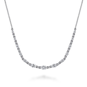 Gabriel & Co. NK7768W44JJ 14 karat white gold Lusso necklace, front view of marquise diamonds alternating with round ones along a wide curve