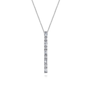 Gabriel & Co. NK7773W44JJ 14 karat white gold Lusso necklace, front view of the vertical drop alternating baguette and round stones on a fine chain