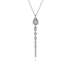 Gabriel & Co. NK7774W45JJ 14 karat white gold Lusso necklace, front view of the pear halo and the graduated bezel set drop beneath it