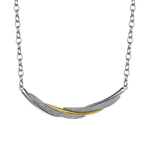 Gabriel & Co. NK7775MZJJJ sterling silver and 14 karat yellow gold Bujukan necklace, front view of overlapping blades, beaded texture and a smooth crossing blade
