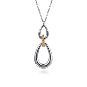 Gabriel & Co. NK7777-20MZJJJ sterling silver and 14 karat yellow gold Bujukan necklace, front view of two open teardrop loops joined by a link of metal beads