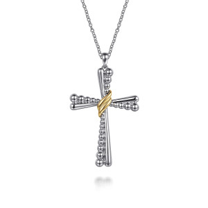 Gabriel & Co. NK7778MZJJJ sterling silver and 14 karat yellow gold Bujukan necklace, front view of a cross with beaded and smooth arms and a fluted wrap at the crossing