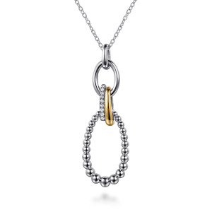 Gabriel & Co. NK7780-20MZJWS sterling silver and 14 karat yellow gold Bujukan necklace, front view of the beaded teardrop loop, the oval ring and the two bars between them