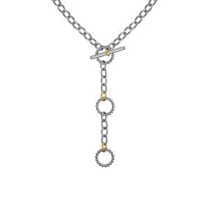 Gabriel & Co. NK7784MZJJJ sterling silver and 14 karat yellow gold Bujukan necklace, front view of the toggle bar, beaded rim rings and oval links of the drop