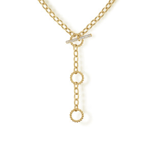 Gabriel & Co. NK7784Y45JJ 14 karat yellow gold Bujukan necklace, front view of the pave toggle bar above a drop of oval links and beaded rings