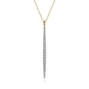 Gabriel & Co. NK7787M45JJ 14 karat white and yellow gold Bujukan necklace, front view of the graduated diamond bar hanging below a stack of polished metal beads