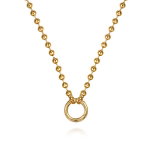 Gabriel & Co. NK7790-20Y4JJJ 14 karat yellow gold Bujukan necklace, front view of the round spring ring at the center of the polished bead strand