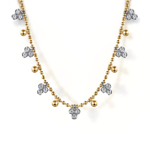 Gabriel & Co. NK7793M45JJ 14 karat white and yellow gold Bujukan necklace, front view of the diamond clusters and round balls dangling from the bead chain