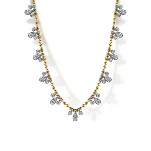 Gabriel & Co. NK7797M45JJ 14 karat white and yellow gold Bujukan necklace, front view of the ball chain with evenly spaced teardrop and round stone clusters in a lighter tone
