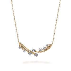 Gabriel & Co. NK7798M45JJ 14 karat white and yellow gold Bujukan necklace, front view of the lopsided crescent with its beaded strands, smooth rods and prong set diamonds