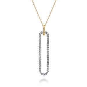 Gabriel & Co. NK7799M45JJ 14 karat white and yellow gold Bujukan necklace, front view of an open diamond outlined loop hanging from a vertical stack of metal beads