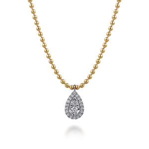 Gabriel & Co. NK7803M45JJ 14 karat white and yellow gold Bujukan necklace, front view of the pear shaped halo hanging from a strand of polished metal beads
