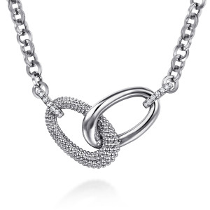 Gabriel & Co. NK7811SVJWS sterling silver Bujukan necklace, close detail of the beaded ring crossing the glossy ring, with stone-set bars at the top