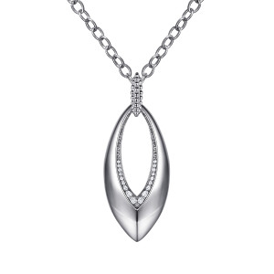 Gabriel & Co. NK7817SVJWS sterling silver Bujukan necklace, front view of an open marquise pendant with a stone lined inner edge and a beaded bail