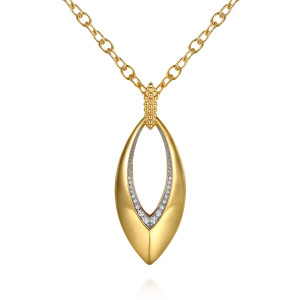 Gabriel & Co. NK7817Y45JJ 14 karat yellow gold Bujukan necklace, front view of the open oval, its inner line of stones and the stacked bead bail