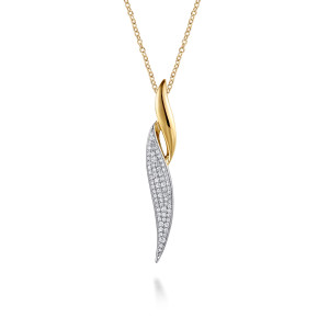 Gabriel & Co. NK7828M45JJ 14 karat white and yellow gold Contemporary necklace, front view of the wavy stone set blade under its smooth polished curl