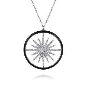 Gabriel & Co. NK7830E8W45JJ 14 karat white gold Kaslique necklace, front view of the black enamel ring around a starburst of stones on crossing bars