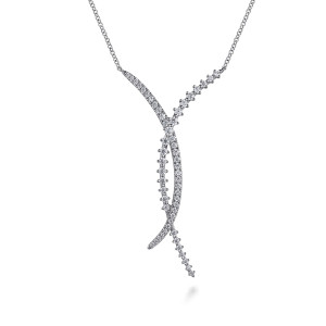 Gabriel & Co. NK7835W45JJ 14 karat white gold Kaslique necklace, front view of the crossing pave band and prong set diamond band with free lower ends