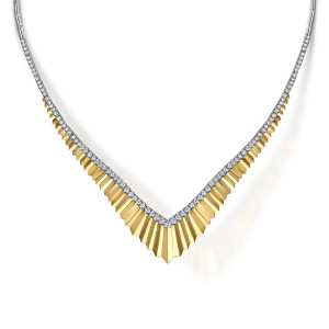 Gabriel & Co. NK7838M45JJ 14 karat white and yellow gold Contemporary necklace, front view of the pleated blade fan with its line of small diamonds above