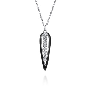 Gabriel & Co. NK7841E8W45JJ 14 karat white gold Kaslique necklace, front view of the black enamel drop with its line of graduated round stones and the loop above