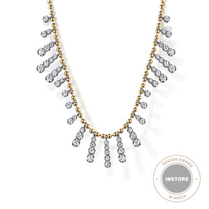 Gabriel & Co. NK7842M45JJ 14 karat white and yellow gold Bujukan necklace, front view of the stepped diamond drops with the longest drop at the center