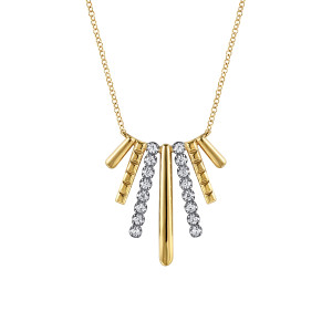 Gabriel & Co. NK7844M45JJ 14 karat white and yellow gold Contemporary necklace, front view of the fan of bars, polished center bar between two diamond rows