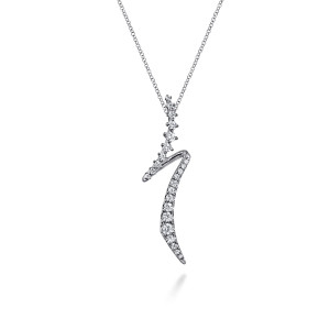 Gabriel & Co. NK7845W45JJ 14 karat white gold Kaslique necklace, front view of the zigzag drop, prong set stones above and a pave crescent blade below