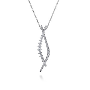 Gabriel & Co. NK7846W45JJ 14 karat white gold Kaslique necklace, front view of two crossing curved bars, one pave set and one a graduated line of diamonds