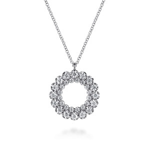 Gabriel & Co. NK7861W45JJ 14 karat white gold Lusso necklace, front view of the open circle showing a bigger outer row and a finer inner row