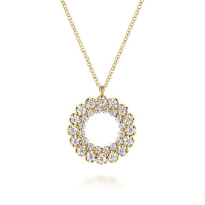 Gabriel & Co. NK7861Y45JJ 14 karat yellow gold Lusso necklace, front view of the open wreath, outer prong set stones and the inner ring of smaller stones