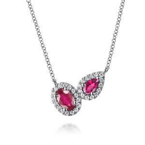 Gabriel & Co. NK7867W45RA 14 karat white gold Color necklace, front view of the oval and pear shaped red stones in their diamond halos