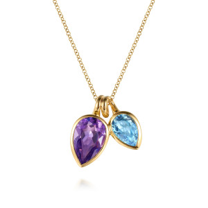 Gabriel & Co. NK7869Y4JMC 14 karat yellow gold Color necklace, front view of the purple and light blue pear shaped bezels hanging from looped bails