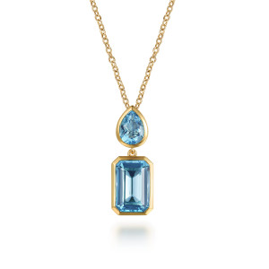 Gabriel & Co. NK7873Y4JBT 14 karat yellow gold Color necklace, front view of the pear stone above the rectangular stone, each in a smooth bezel