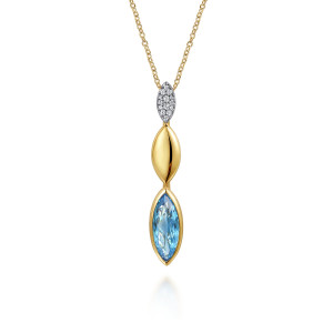 Gabriel & Co. NK7880M45BT 14 karat white and yellow gold Color necklace, front view of the drop, with pave diamonds above a domed form and a blue bezel stone