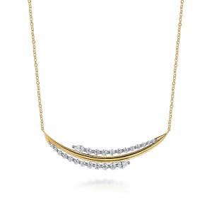 Gabriel & Co. NK7883M84JJ 18 karat white and yellow gold Contemporary necklace, front view of the crescent bar with two offset lines of graduated stones