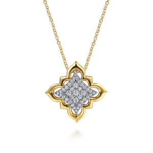 Gabriel & Co. NK7885M84JJ 18 karat white and yellow gold Contemporary necklace, front view of the curving lobes around the lighter diamond field and its central cluster